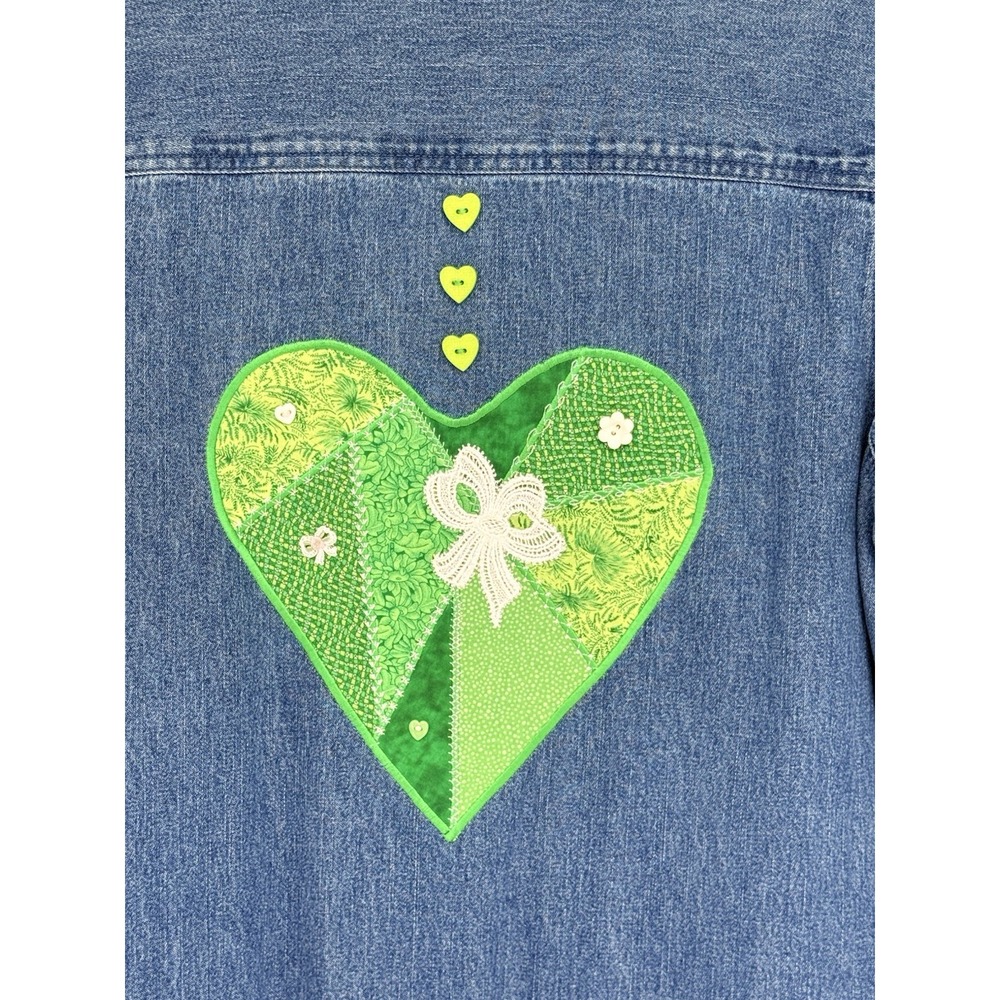 Classic Elements Womens Medium 10-12 Jean Top Green Accents St. Pattys Heart Vtg - Picture 10 of 11